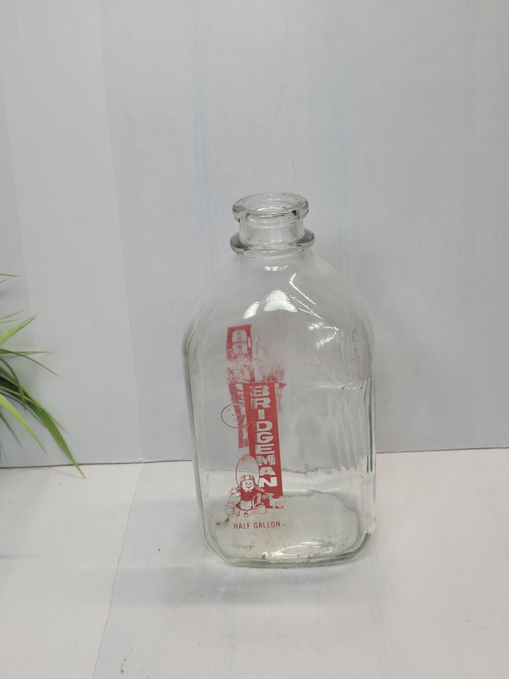 Vintage Bridgeman Dairy Half Gallon Glass Milk Bottle Red Pyro Graphic